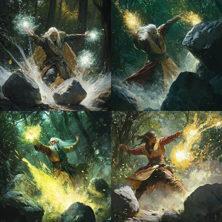 A high elf sorcerer puts his arm through two bould