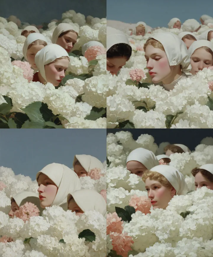 A field of white hydrangea flowers, a few women's 