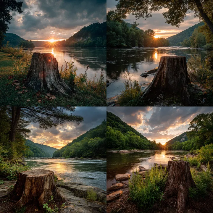 sun setting over a river in west virginia with a t