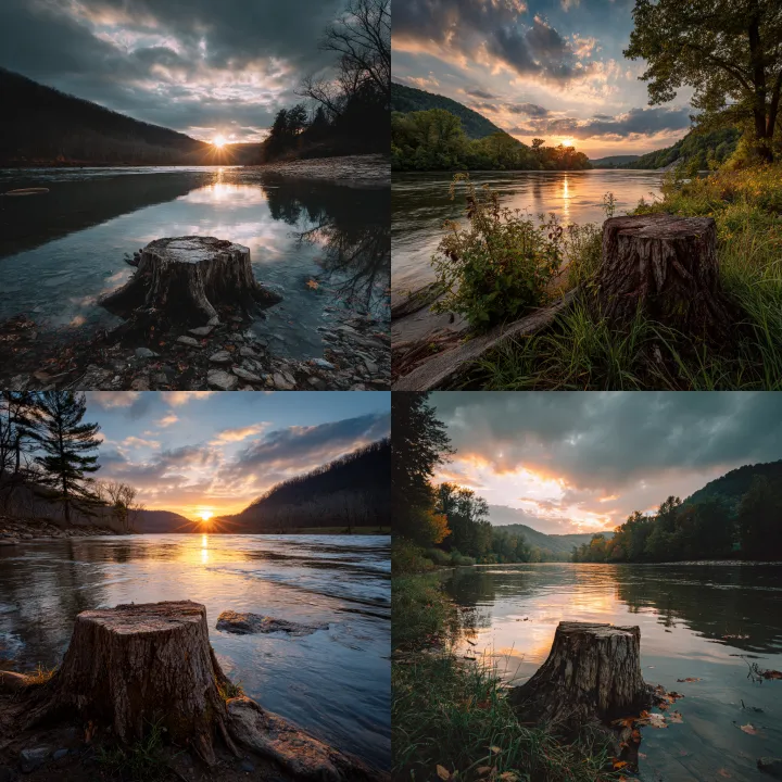 sun setting over a river in west virginia with a t