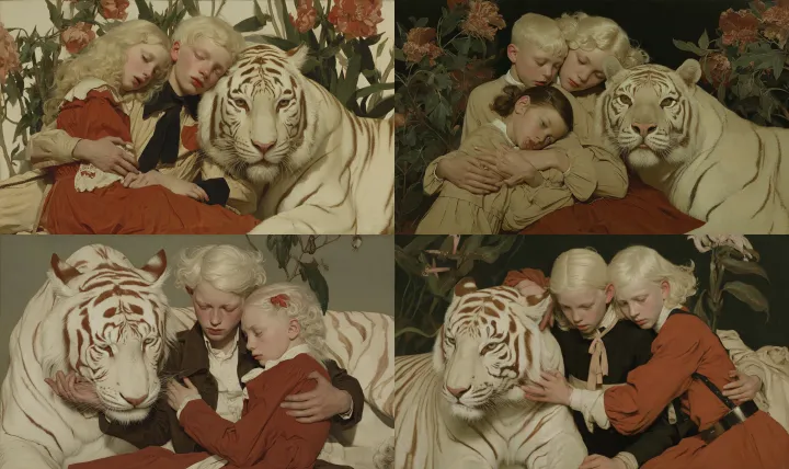 blonde vampire children hugging a white tiger. --a