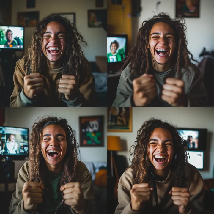 A person seen through a webcam . The person is hap