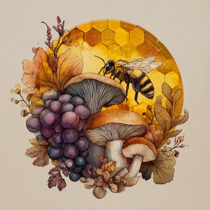 a logo including a honey bee, mushrooms, and wine 