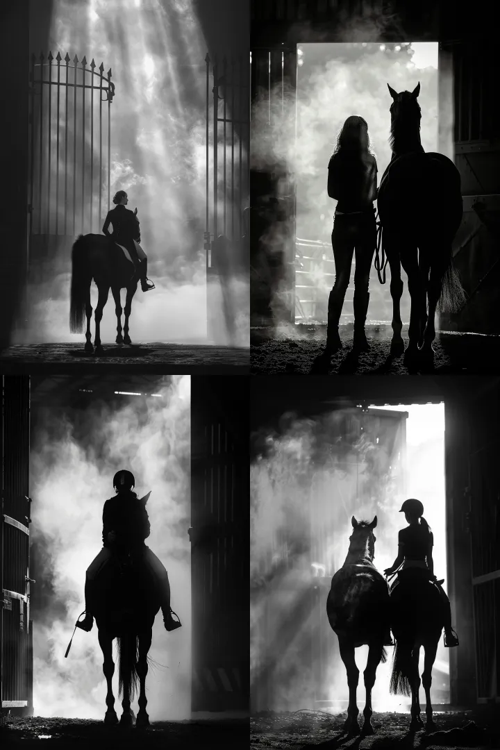 A cinematic black and white scene, dark silhouette