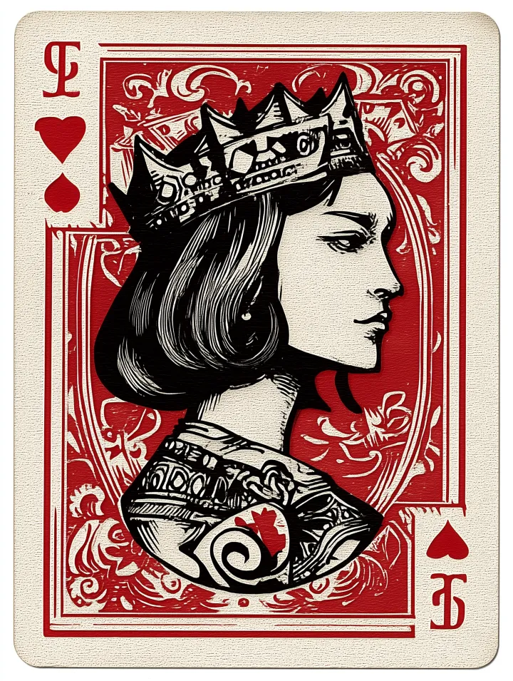 Drawing of a woman dressed as queen. She is wearin