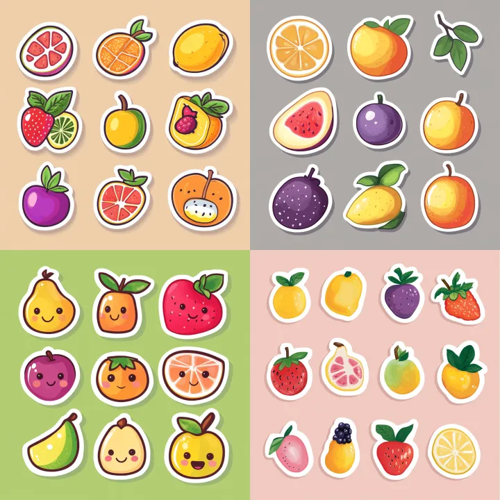 Create a set of fruit stickers , illustration styl